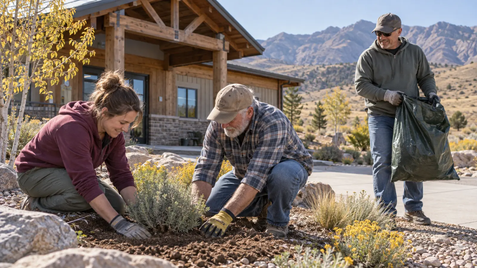 An illustrative scene of community volunteers tending the grounds of a generic clubhouse.